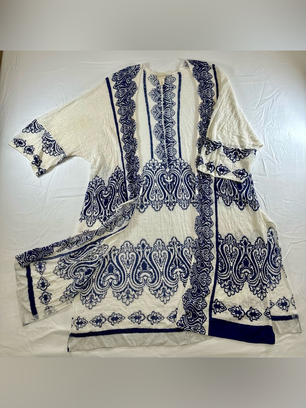 Chicoβs Womenβs Duster White and Navy Patterned Long Shirt